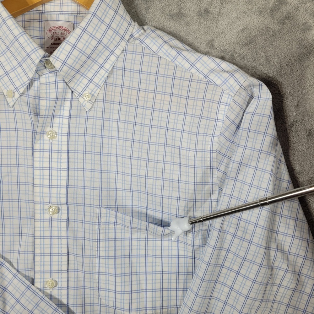 Brooks Brothers Dress Shirt Mens 14.5-33 Blue Madison Plaid Cotton - Picture 4 of 11